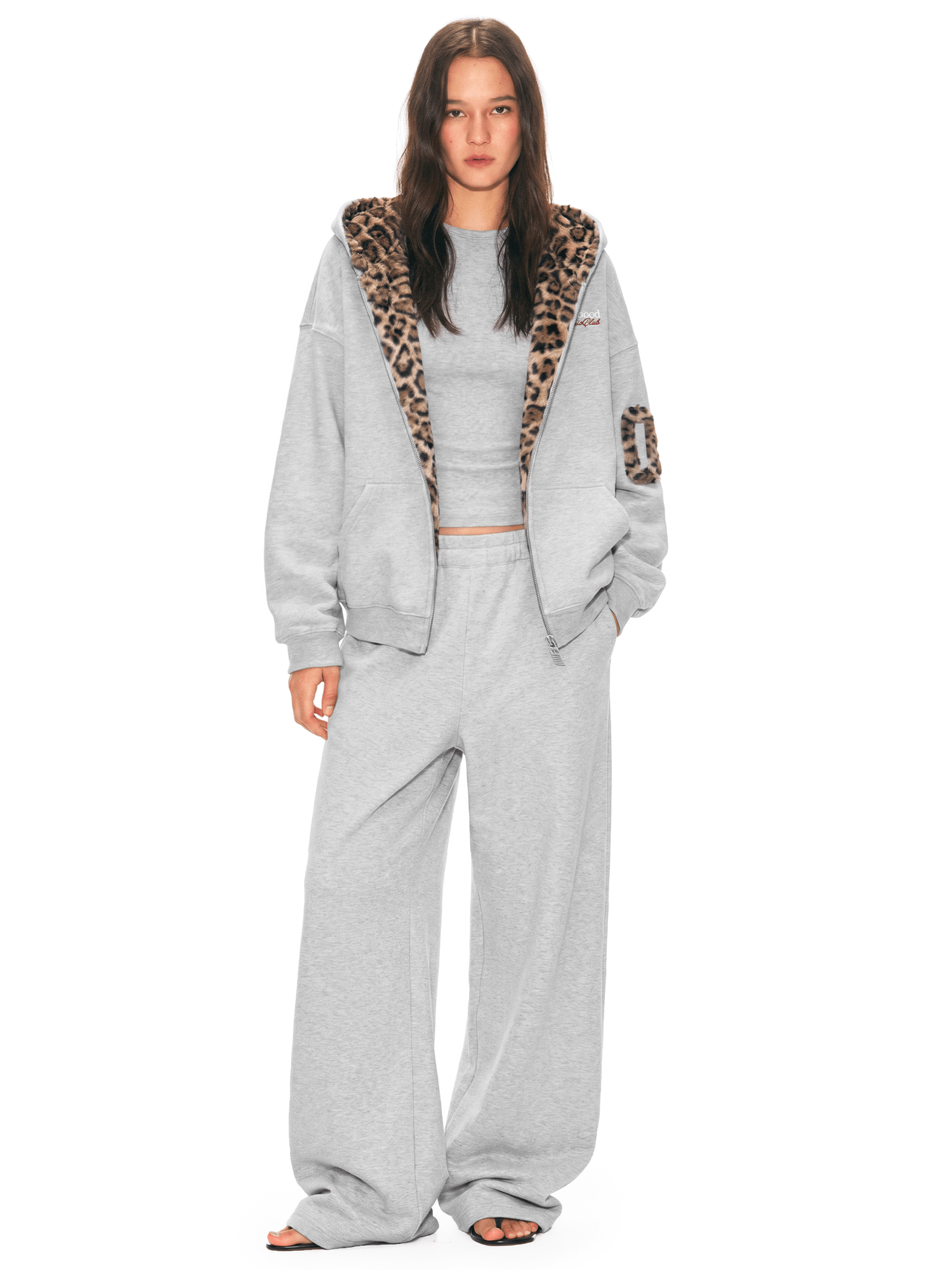 Front view of model wearing Wild Leopard-Lined Zip Hoodie in Flower Grey - FDR