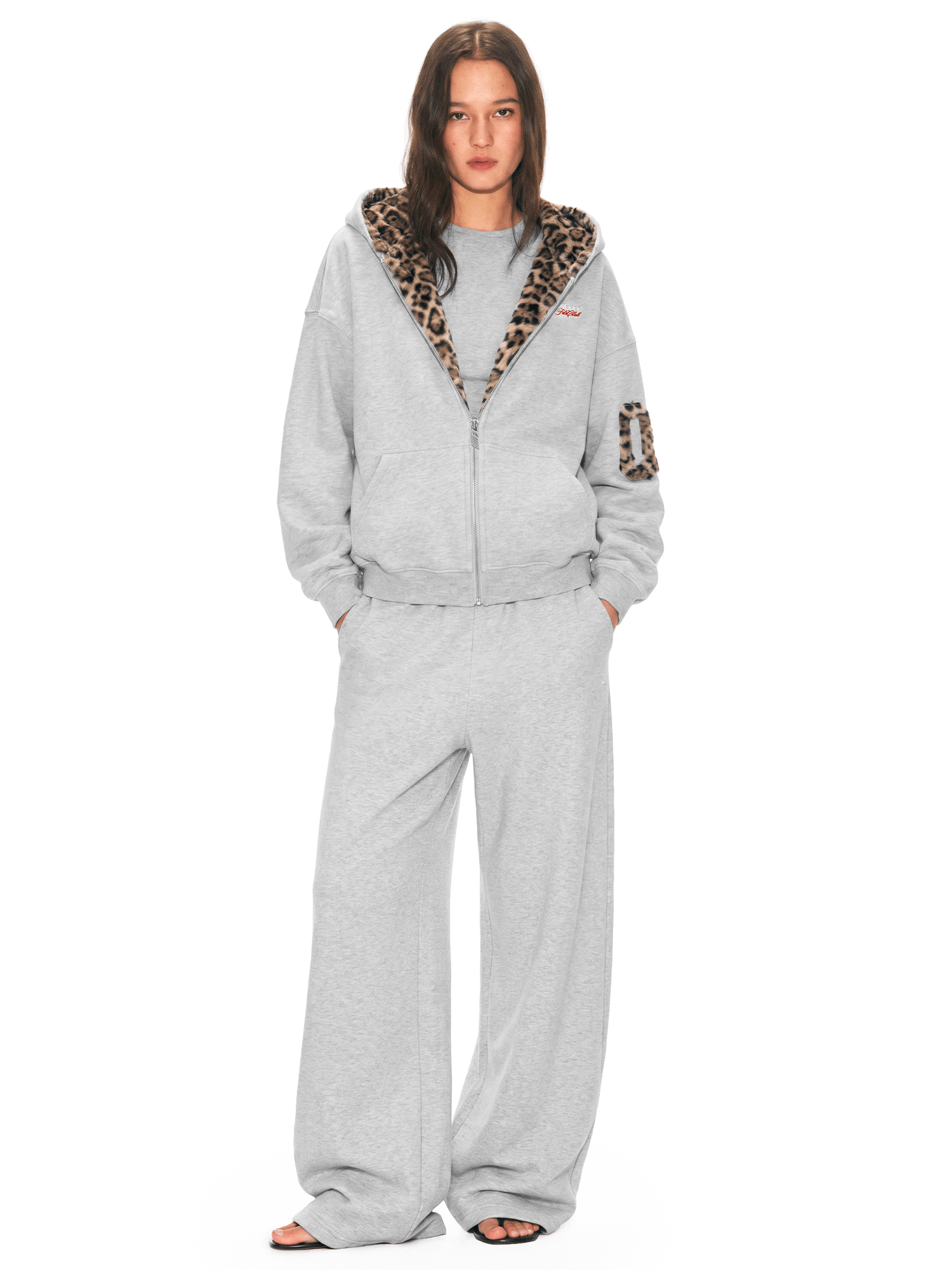 Back view of model wearing Wild Leopard-Lined Zip Hoodie in Flower Grey - FDR
