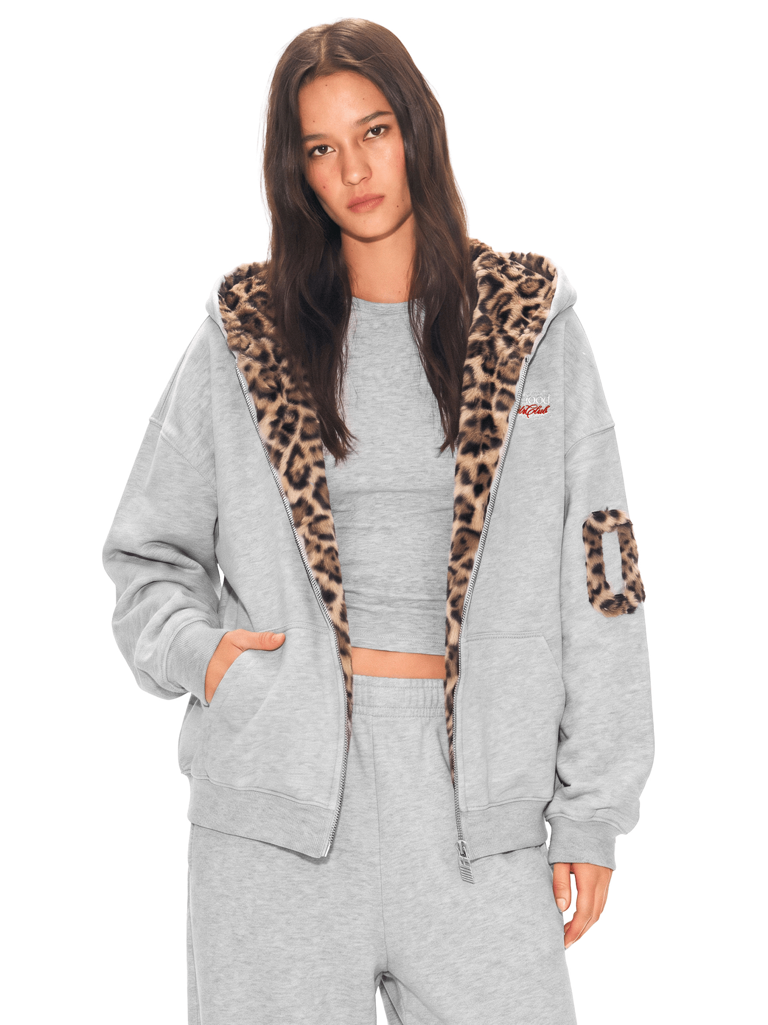 Close-up detail view of Wild Leopard-Lined Zip Hoodie in Flower Grey - FDR