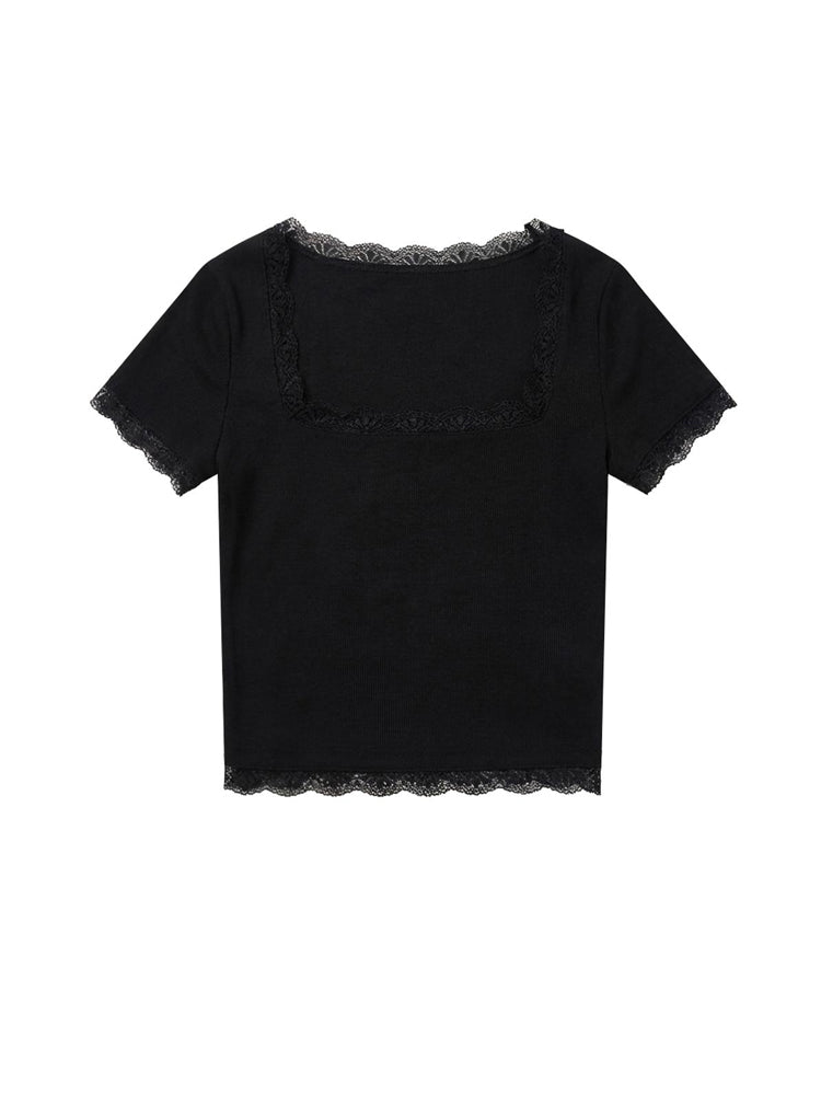 Black ribbed lace trim crop top with square neckline and short sleeves for women, high-street Y2K aesthetic fashion.