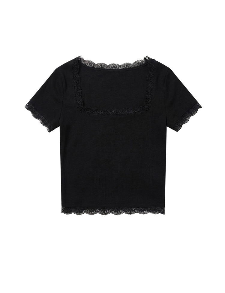 Black ribbed lace trim crop top with square neckline and short sleeves for women, high-street Y2K aesthetic fashion.