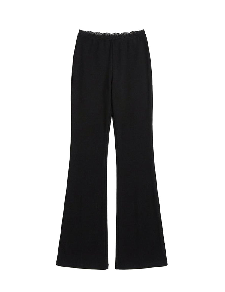 Women's black ribbed flare pants with lace trim waistband, high waisted bell bottom trousers, industrial minimalist loungewear.