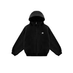 Flat lay of black high-neck zip hoodie on white background, showing product shape and kangaroo pockets.