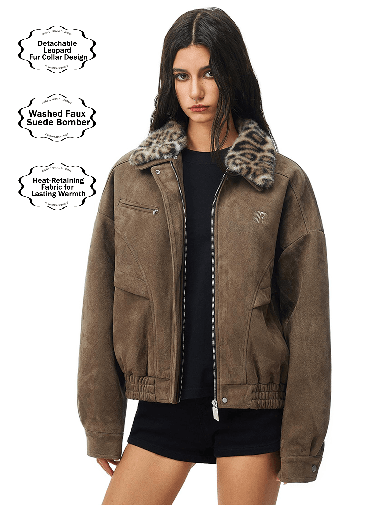 Woman wearing a brown suede bomber jacket with leopard fur collar on a white background