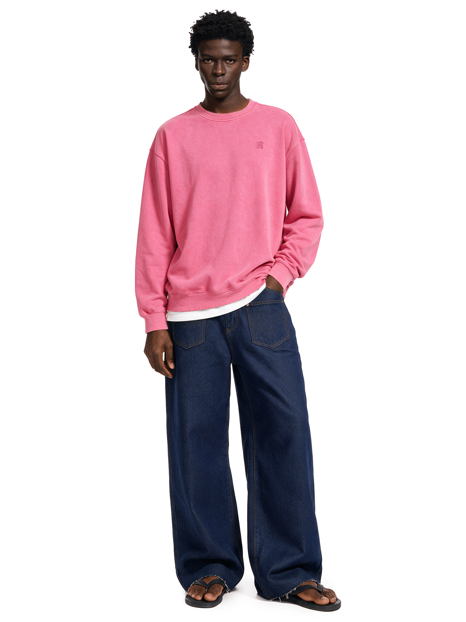 Full length outfit shot of Acid Wash Relaxed Sweatshirt in Rose Red - FDR