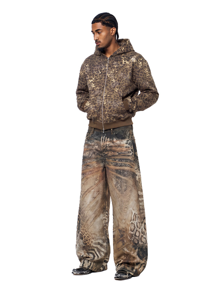 Model wearing FDR Studios techwear aesthetic oversized hoodie and baggy distressed pants.