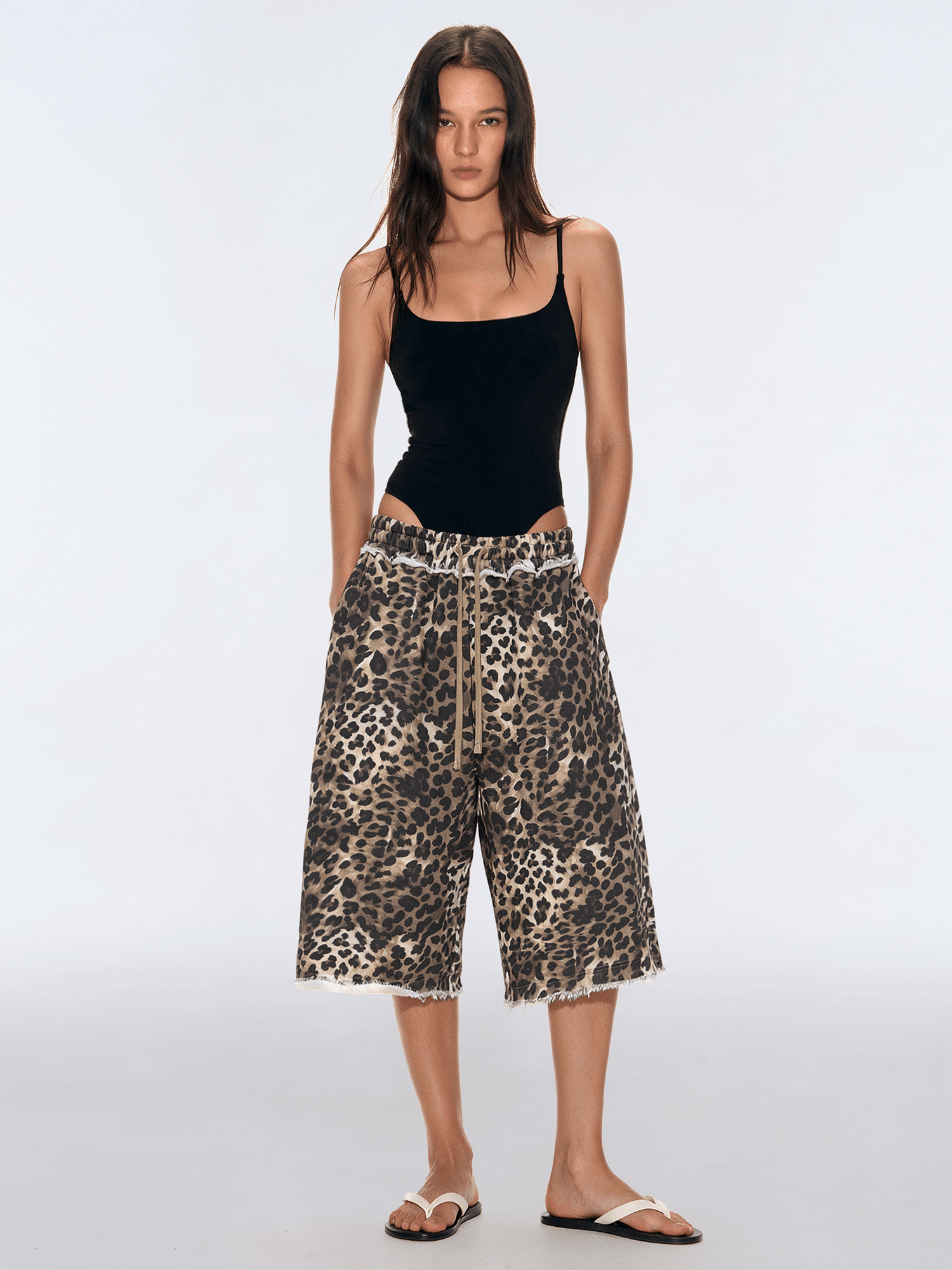 Front view of model wearing Leopard Frayed Grunge Capris - FDR