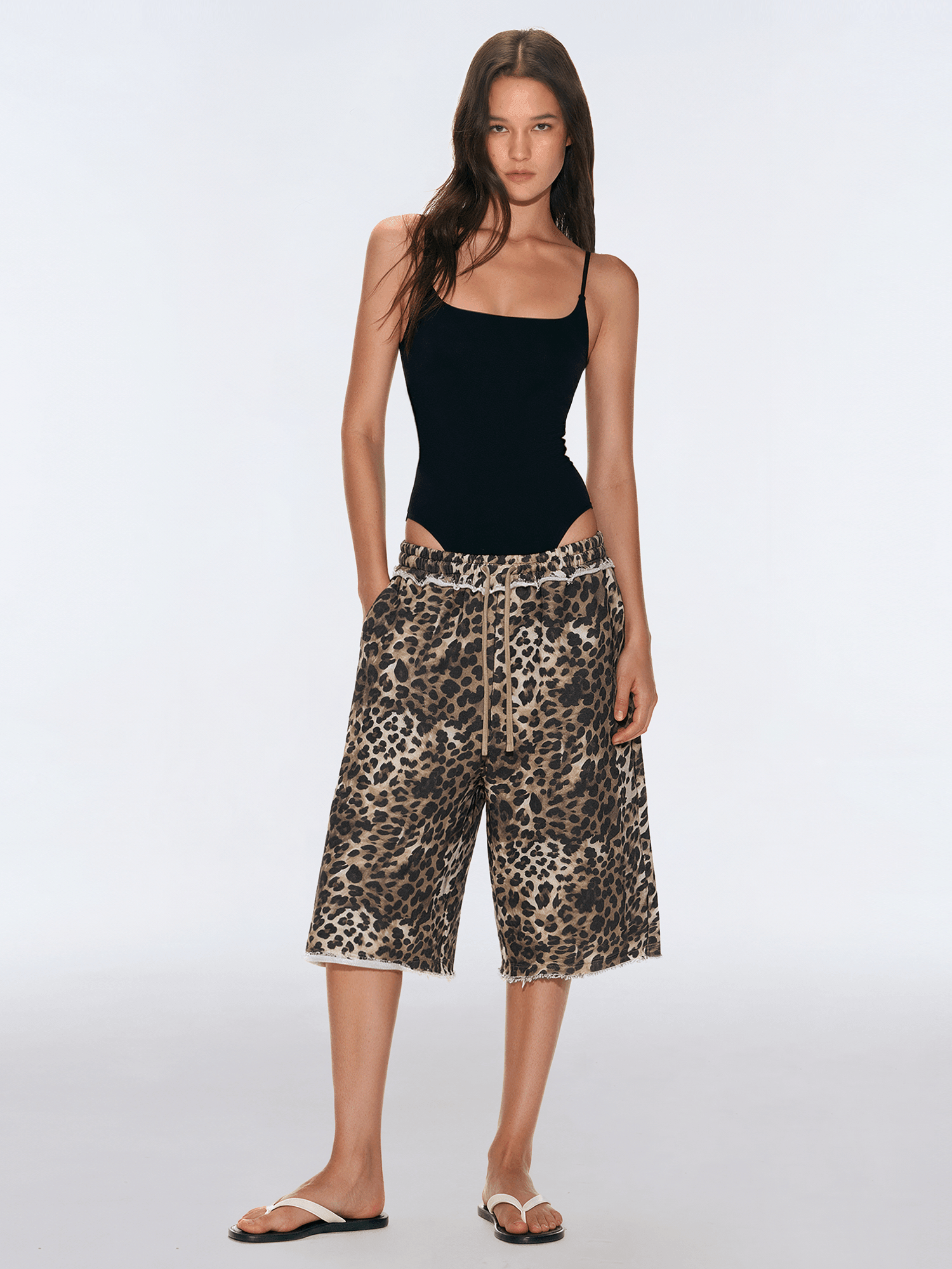 Leopard Frayed Grunge Capris - Side Angle & Silhouette Detail - Oversized Baggy Fit | FDR Studios