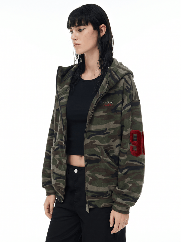 Cloud Camo Zip Hoodie - Fabric Texture & Stitching Detail - Streetwear Aesthetic | FDR Studios
