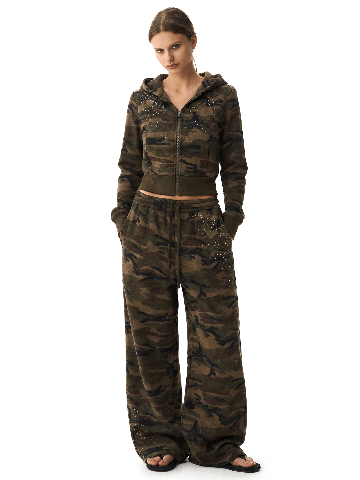 Close-up detail view of Camo Rhinestone Cropped Hoodie & Cargo Sweatpants in Camouflage Hoodies - FDR