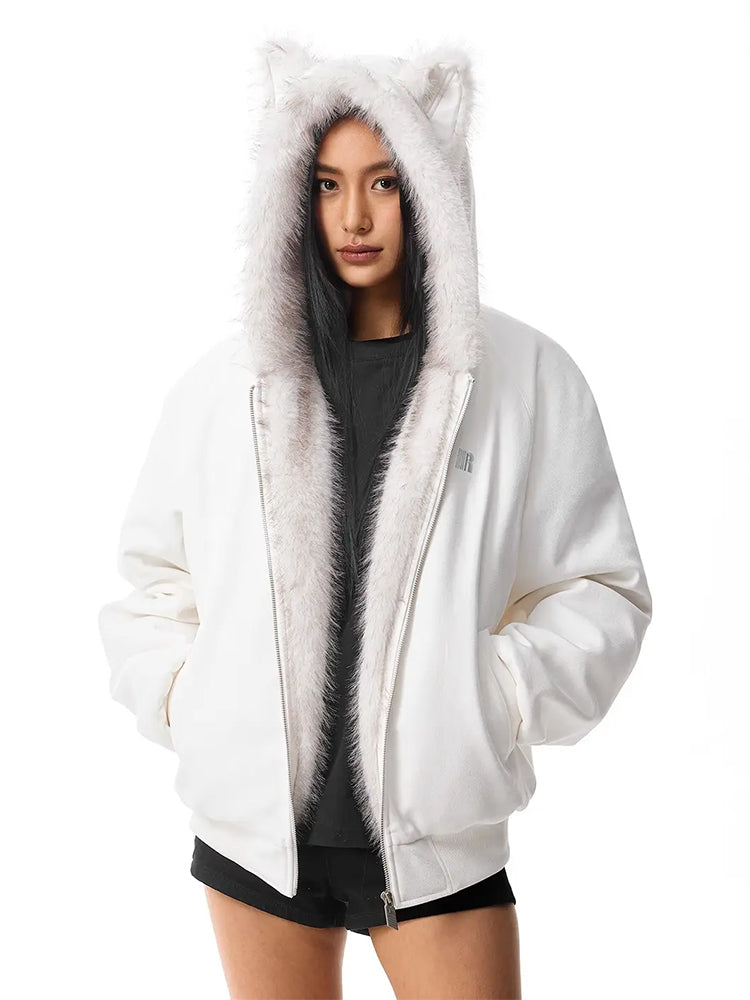 Front full view of a women's white faux fur hooded jacket with integrated cat ears and a fluffy white trim, main product shot.