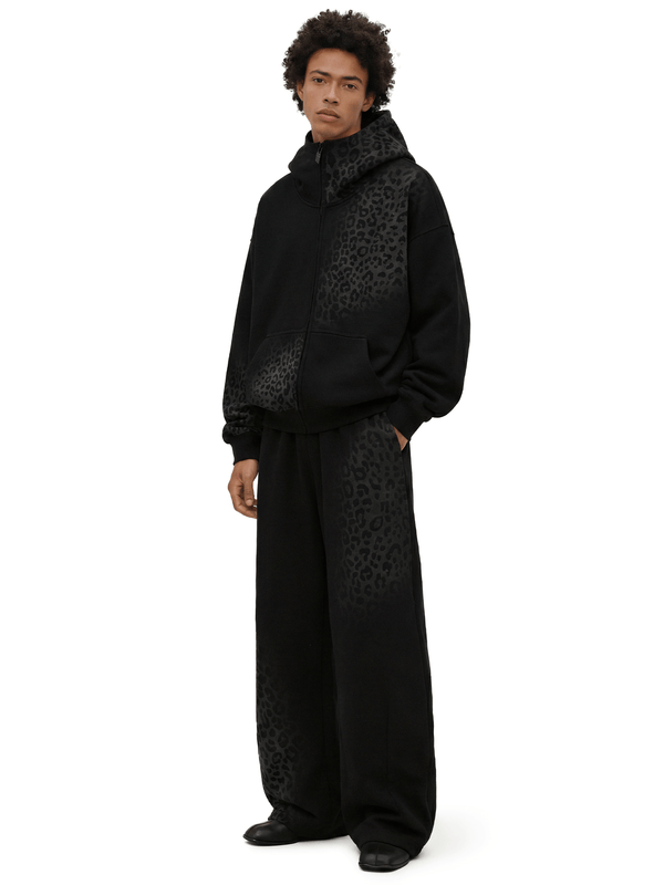 Reflective Leopard Zip Jacket / Barrel Sweatpants - Fabric Texture & Stitching Detail - Streetwear Aesthetic | FDR Studios