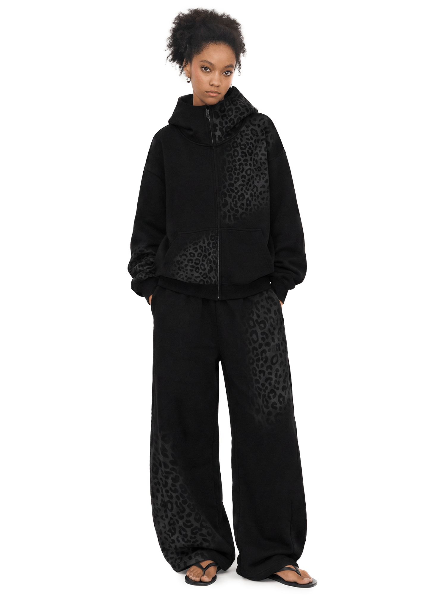Reflective Leopard Zip Jacket / Barrel Sweatpants - Side Angle & Silhouette Detail - Streetwear Aesthetic | FDR Studios