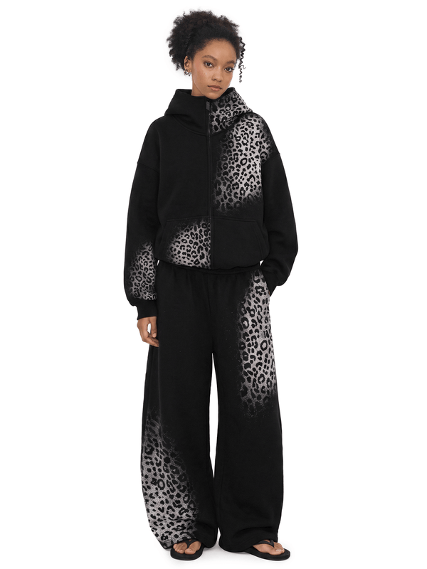 Reflective Leopard Zip Jacket / Barrel Sweatpants - Close-up Material & Design Feature - Streetwear Aesthetic | FDR Studios