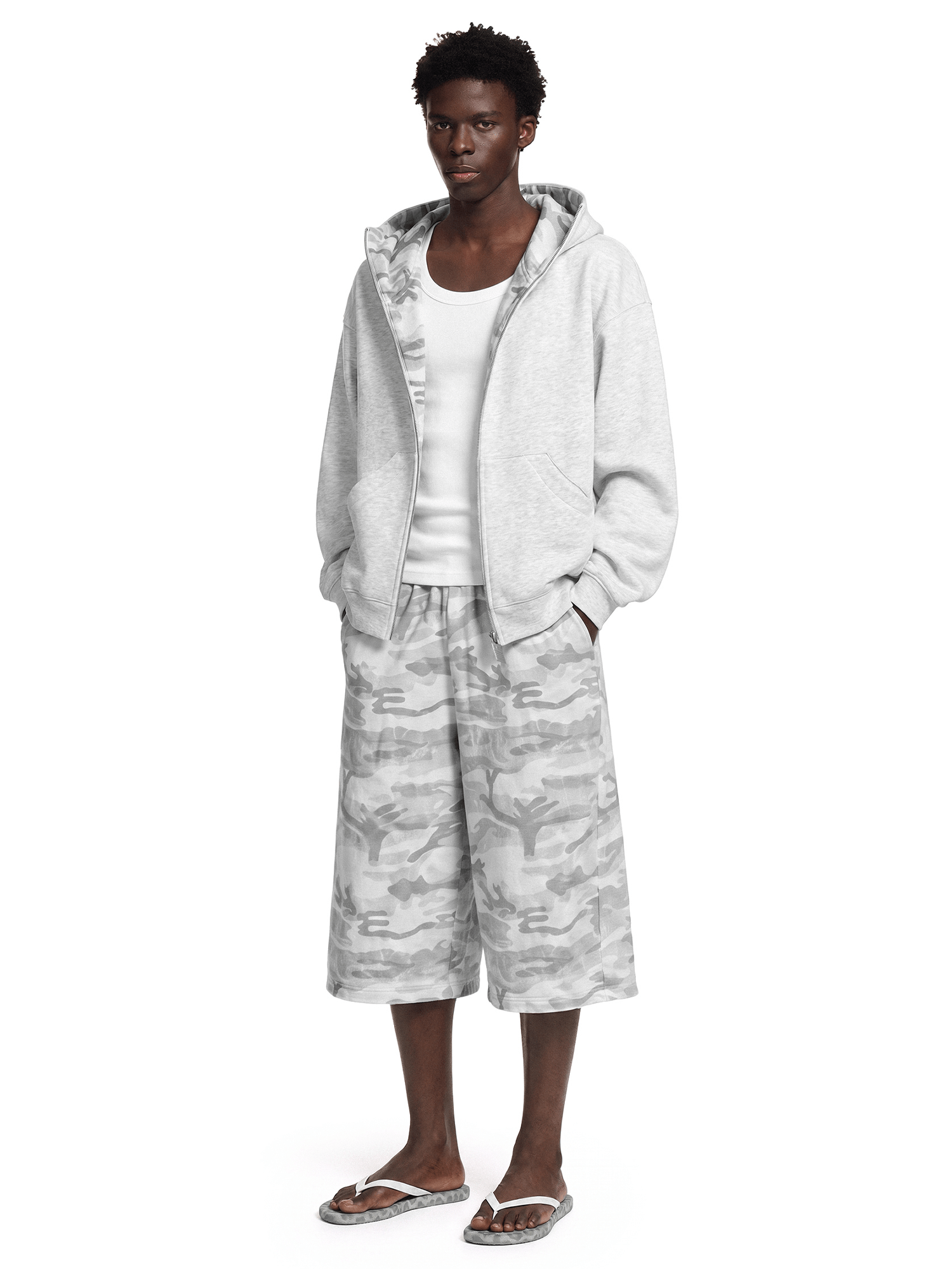 Side angle perspective of Camo-Lined Zip Hoodie in Light Gray - FDR