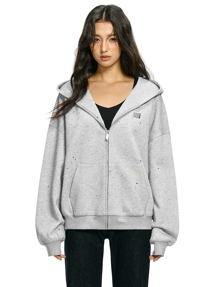 Front view of FDR oversized grey hoodie with rhinestone star and confetti dots