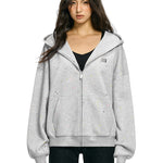 Front view of FDR oversized grey hoodie with rhinestone star and confetti dots