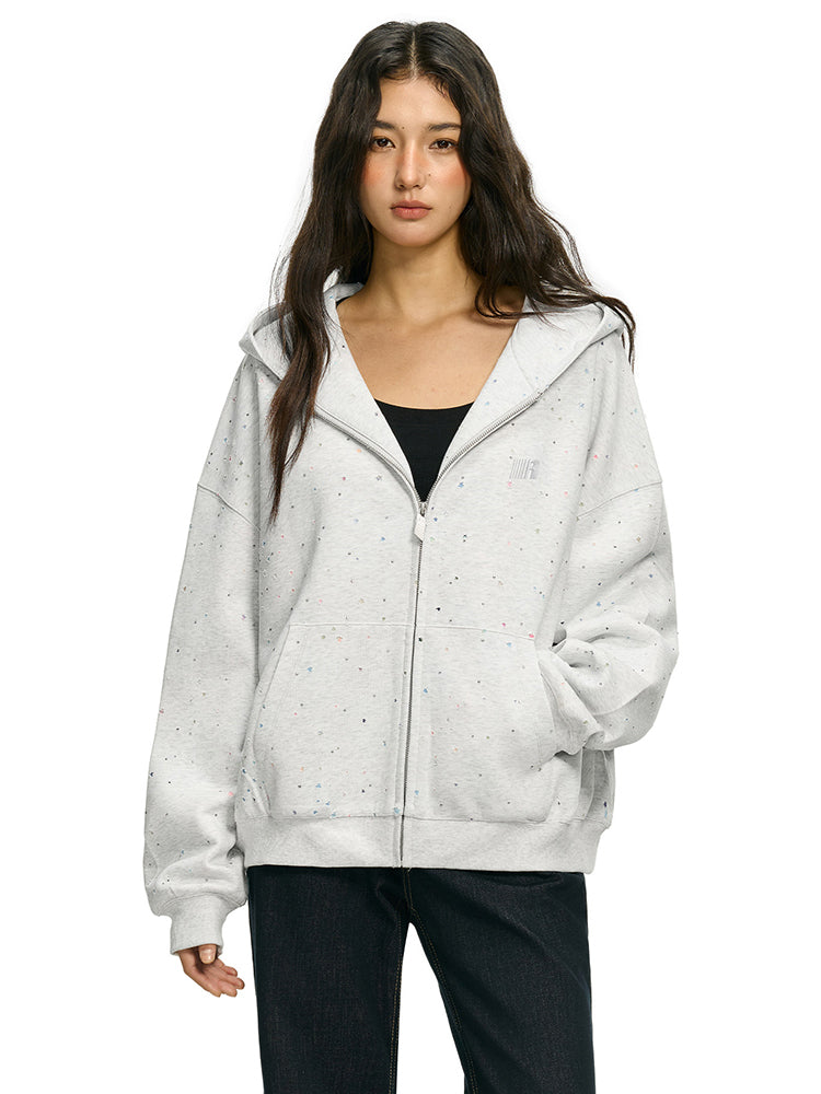 Slouchy fit of light gray rhinestone star hoodie on model side view