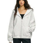 Slouchy fit of light gray rhinestone star hoodie on model side view