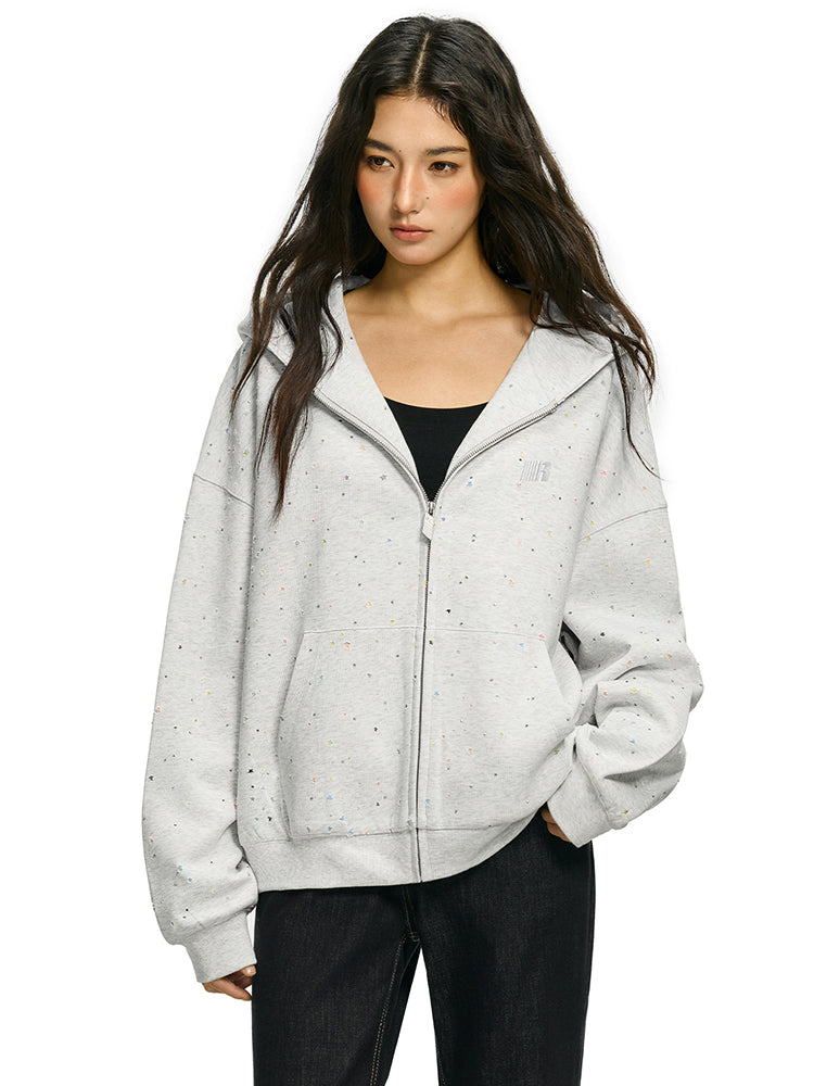 Frontal view of light gray confetti star hoodie with heavy duty silver zipper