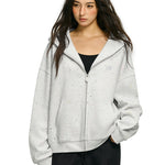 Frontal view of light gray confetti star hoodie with heavy duty silver zipper