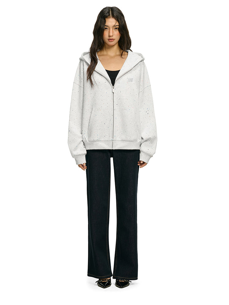 Full body streetwear look with light gray oversized zip up and wide leg pants
