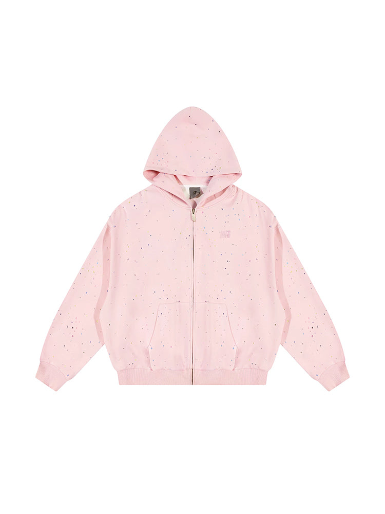 Front flat lay view of light pink confetti star oversized zip up hoodie