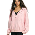 Side profile of pink star zip up hoodie with premium marled fleece texture