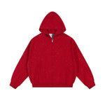 Front flat lay of red zip up hoodie with confetti dot detailing and star motif