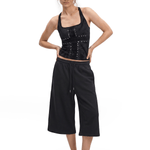 FDR Studios avant-garde archive fashion black halter tank top and baggy cropped lounge pants.