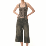 Back and side profile of FDR Studios high-street industrial minimalism brown printed halter vest and cropped trousers.