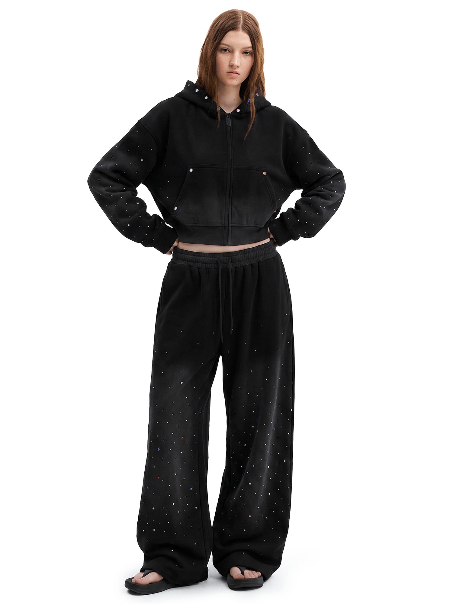 Crystal Stud Acid Hoodie&Sweatpants - Fabric Texture & Stitching Detail - Streetwear Aesthetic | FDR Studios