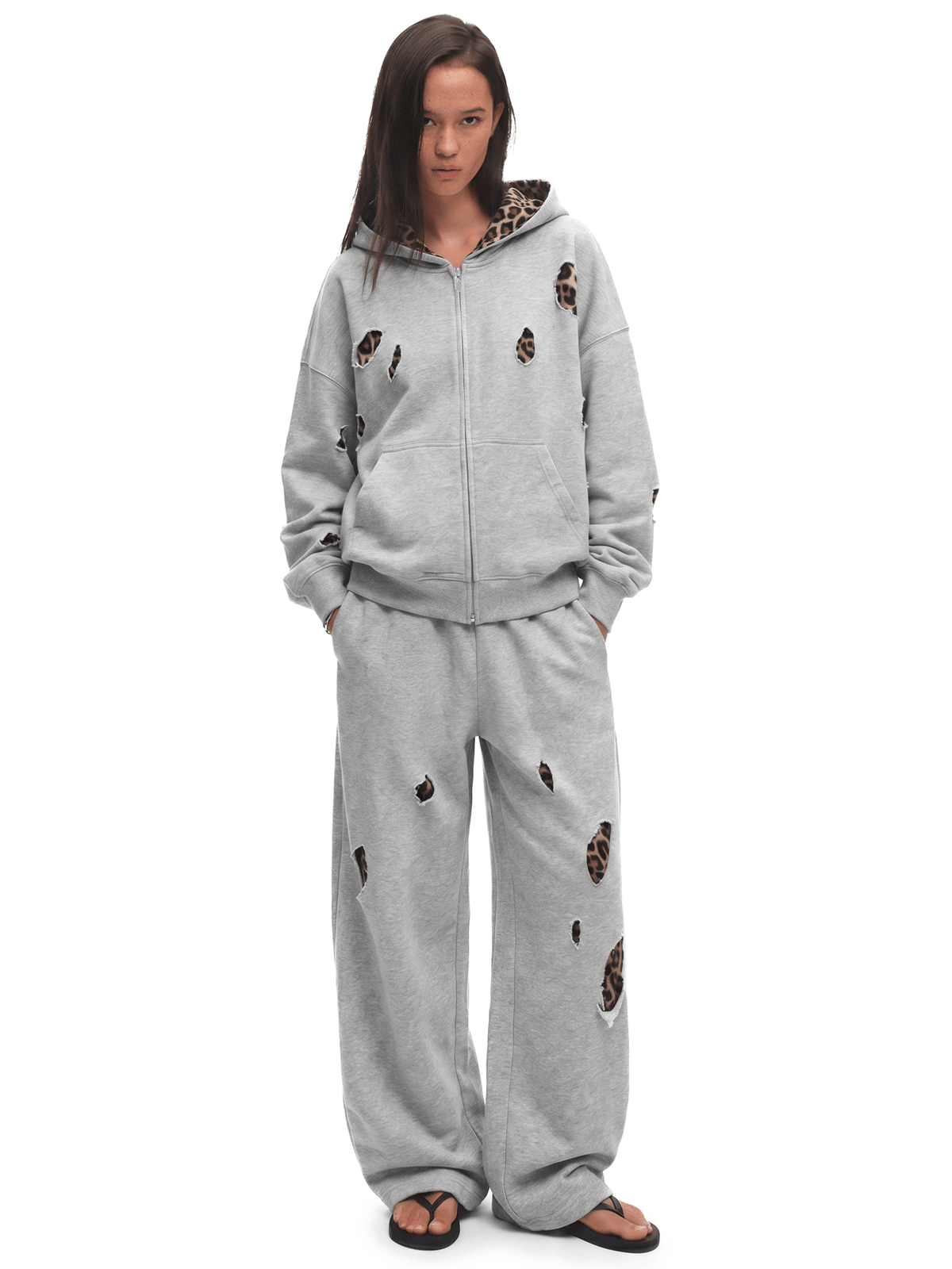 Abgeschnittener Leopard-Reißverschluss-Hoodie und Jogginghosen