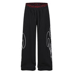 Unisex industrial minimalist black wide-leg trousers with white graphic print