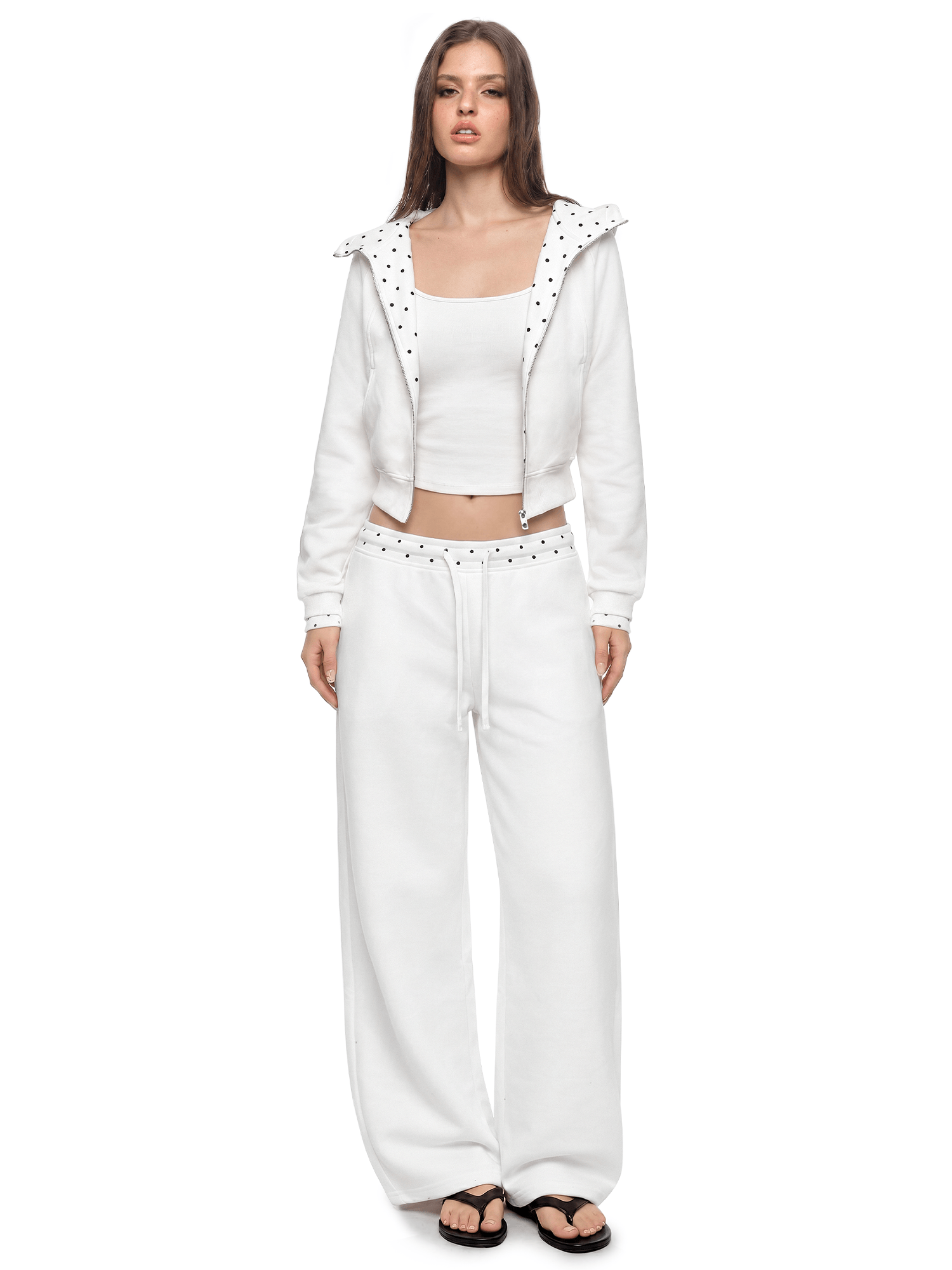 Polka Dot Cropped Hoodie, Baggy Sweatpants - Side Angle & Silhouette Detail - Streetwear Aesthetic | FDR Studios