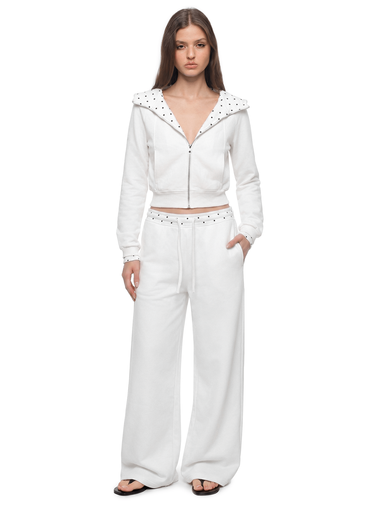 Alternative angle view of Polka Dot Cropped Hoodie, Baggy Sweatpants in White Pants - FDR