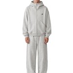 FDR minimalist light grey heavyweight full-zip hoodie and matching sweatpants set on male model, unisex oversized streetwear tracksuit.