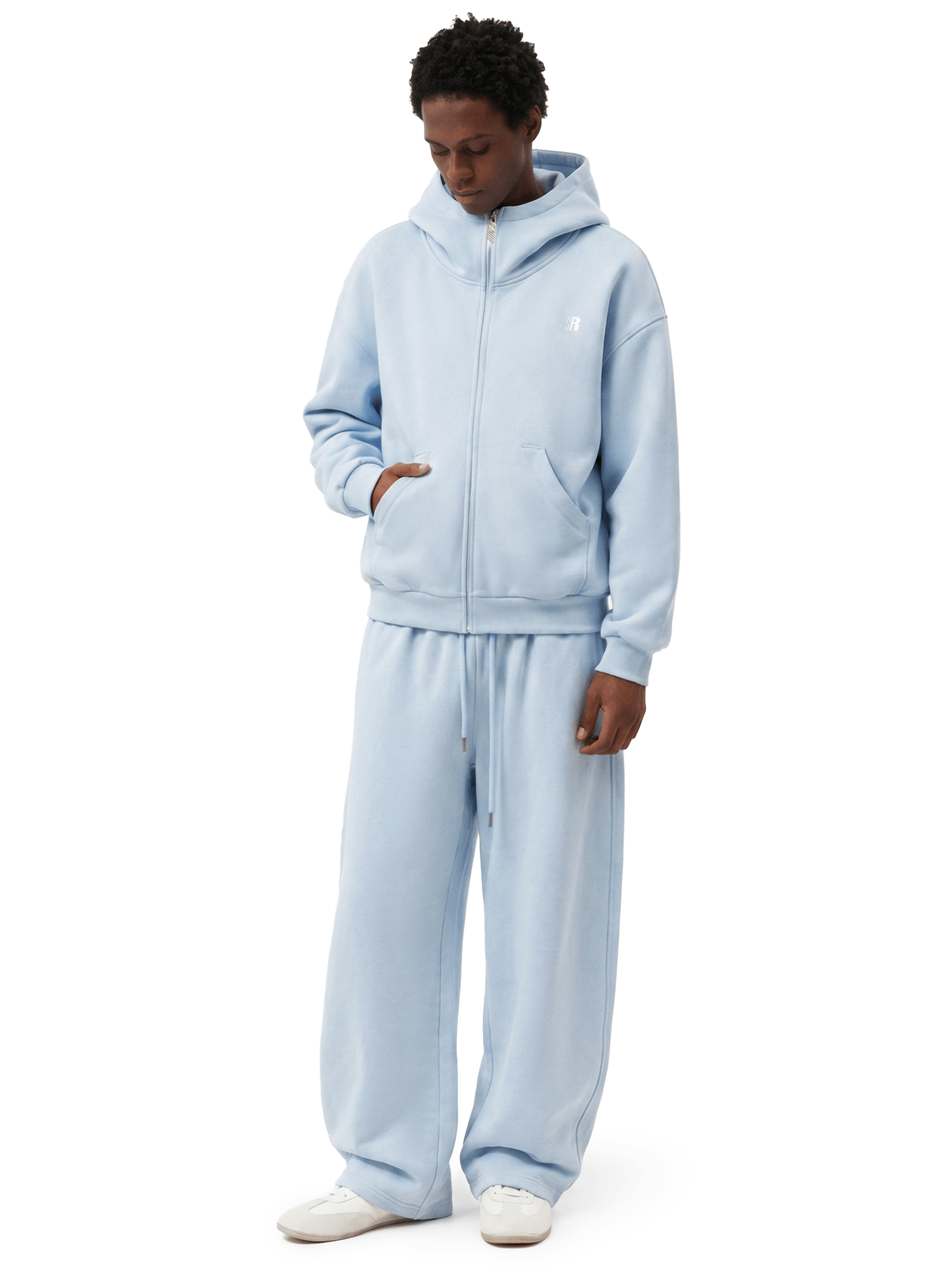 FDR coastal aesthetic light blue oversized zip hoodie and matching wide-leg trackpants, luxury minimalist unisex loungewear set.