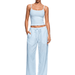 FDR  Y2K lounge aesthetic soft light blue cami tank top and baggy wide-leg sweatpants.