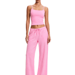 FDR Y2K candy pink cami top and matching vibrant pink slouchy wide-leg lounge pants on model.