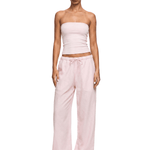 FDR cyber minimalist baby pink strapless bandeau top and baggy drawstring sweatpants.