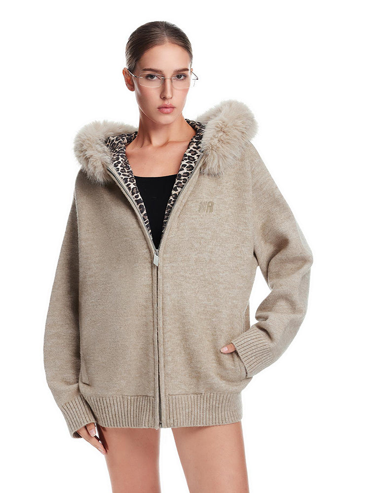 FDR Studios high-street oversized apricot zip-up hoodie with faux fur hood and leopard print lining.