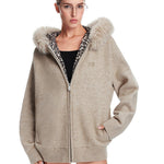 FDR Studios high-street oversized apricot zip-up hoodie with faux fur hood and leopard print lining.