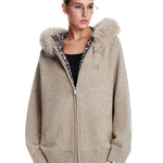 Urban fashion apricot knit hoodie with Y2K leopard print accents and slouchy fit.