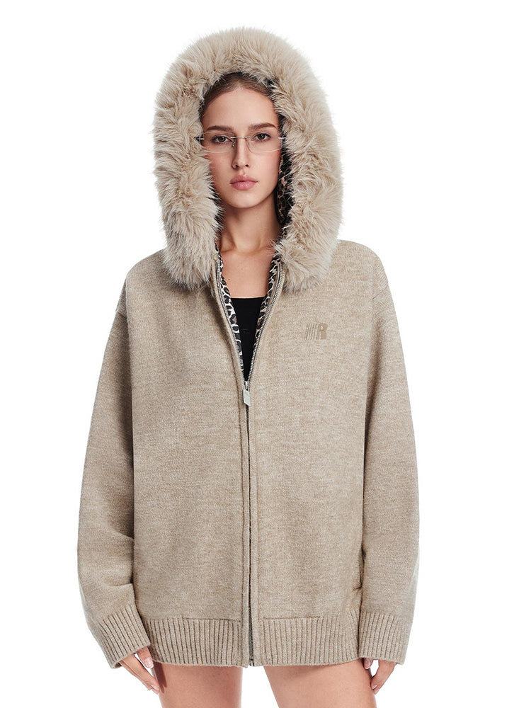 Cyber Y2K aesthetic apricot knit jacket featuring industrial minimalist design and cozy fur trim.