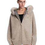 Streetwear style beige hooded sweatshirt with leopard patterned interior for women.