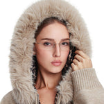 Detail of the luxury faux fur hood and leopard lining on FDR Studios apricot hoodie.