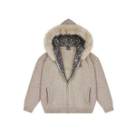 Apricot industrial minimalist oversized hoodie with premium zipper and fur hood.
