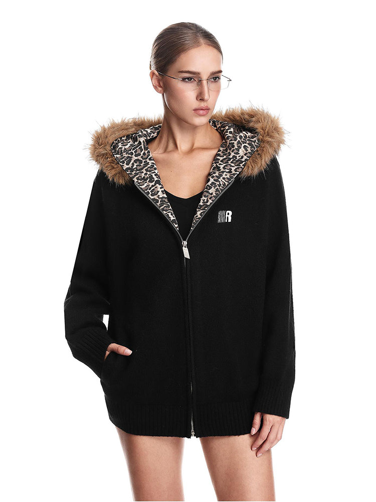 Black streetwear hooded sweatshirt with high-contrast leopard print interior.