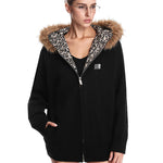Black streetwear hooded sweatshirt with high-contrast leopard print interior.